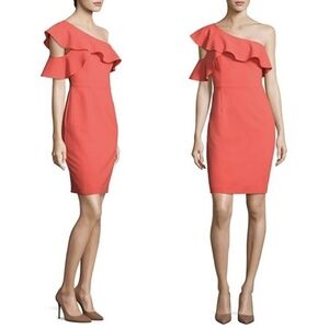 NWT Black Halo Kimora One-Shoulder Ruffle Sheath Dress in Canyon Coral Sz. 2